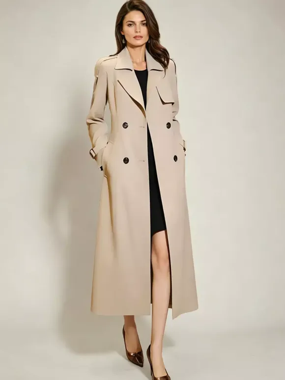 Trench-Coat Veste Longue Femme Moderne Polyester Col Rabattu Boutons Manches Longues