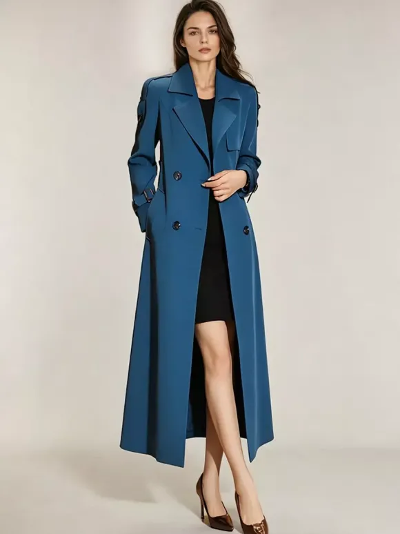 Trench-Coat Veste Longue Femme Moderne Polyester Col Rabattu Boutons Manches Longues