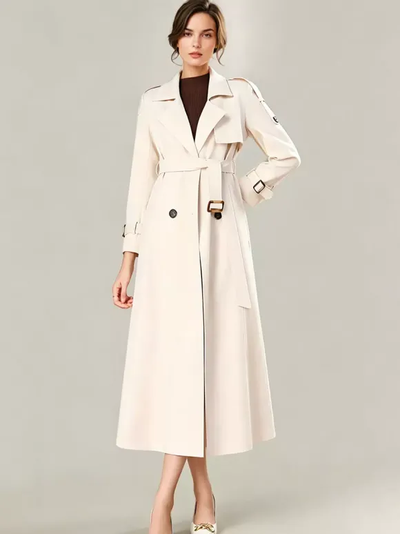 Trench-Coat Veste Longue Femme Moderne Polyester Col Rabattu Boutons Manches Longues