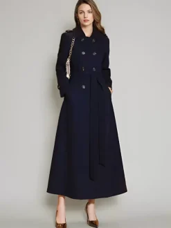 Trench-Coat Veste Longue Femme En Polyester Décontracté Col Rabattu Boutons Manches Longues