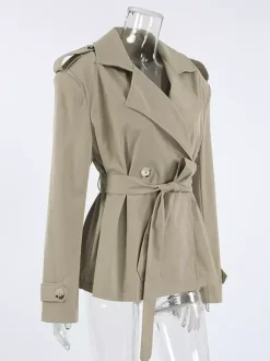 Trench-coat court kaki à ceinture pour femme - Veste croisée chic - Collection printemps 2026