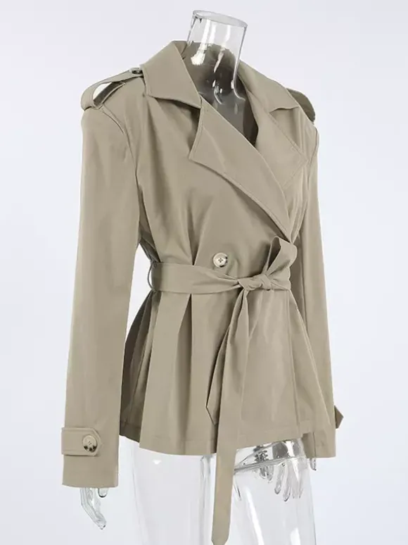 Trench-coat court kaki à ceinture pour femme - Veste croisée chic - Collection printemps 2026