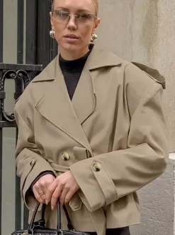 Trench-coat court kaki à ceinture pour femme - Veste croisée chic - Collection printemps 2026