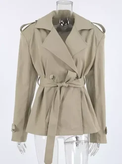 Trench-coat court kaki à ceinture pour femme - Veste croisée chic - Collection printemps 2026
