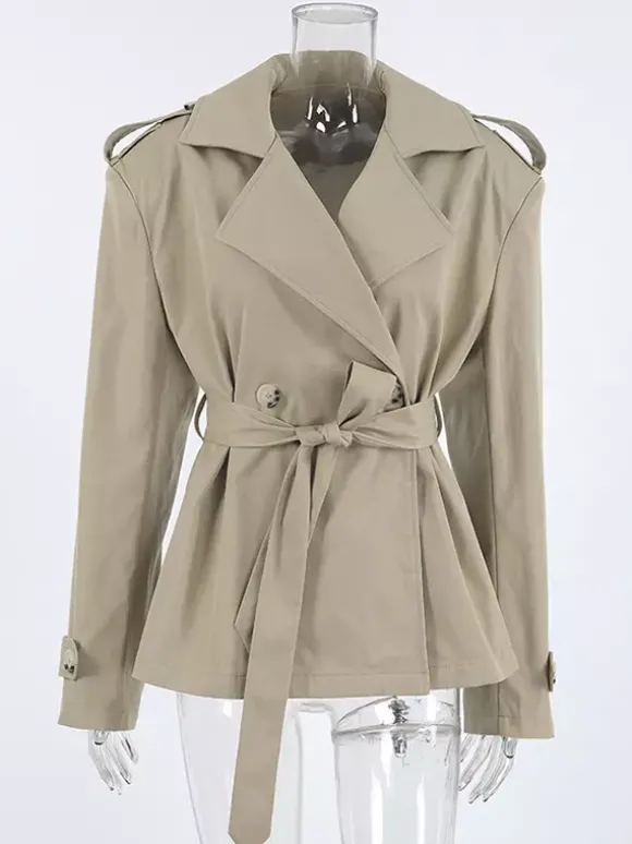 Trench-coat court kaki à ceinture pour femme - Veste croisée chic - Collection printemps 2026