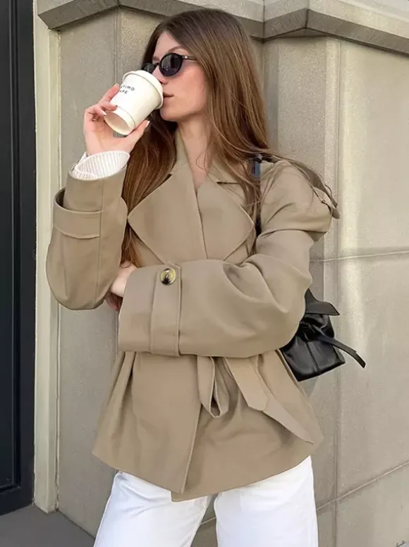 Trench-coat court kaki à ceinture pour femme - Veste croisée chic - Collection printemps 2026
