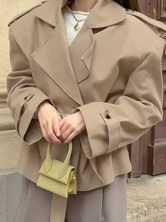 Trench-coat court kaki à ceinture pour femme - Veste croisée chic - Collection printemps 2026