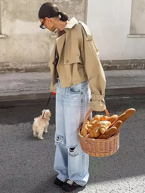 Trench-coat court kaki pour femme - Coupe-vent à manches lanternes et revers - Vêtements d'extérieur décontractés printemps 2026