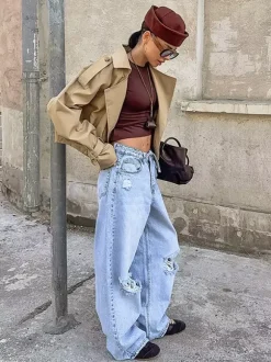 Trench-coat court kaki pour femme - Coupe-vent à manches lanternes et revers - Vêtements d'extérieur décontractés printemps 2026