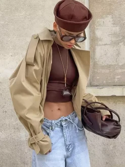 Trench-coat court kaki pour femme - Coupe-vent à manches lanternes et revers - Vêtements d'extérieur décontractés printemps 2026