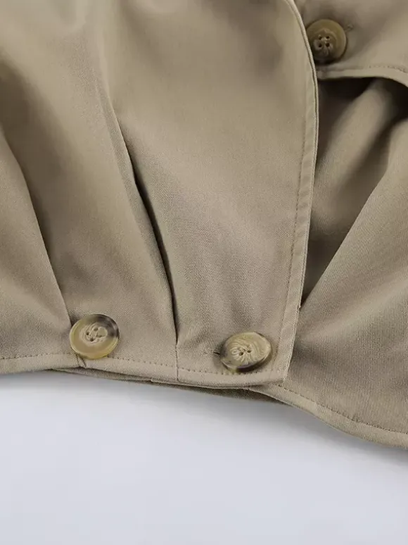 Trench-coat court kaki pour femme - Coupe-vent à manches lanternes et revers - Vêtements d'extérieur décontractés printemps 2026