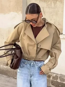 Trench-coat court kaki pour femme - Coupe-vent à manches lanternes et revers - Vêtements d'extérieur décontractés printemps 2026