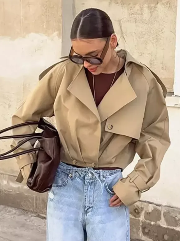 Trench-coat court kaki pour femme - Coupe-vent à manches lanternes et revers - Vêtements d'extérieur décontractés printemps 2026