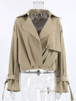 Trench-coat court kaki pour femme - Coupe-vent à manches lanternes et revers - Vêtements d'extérieur décontractés printemps 2026