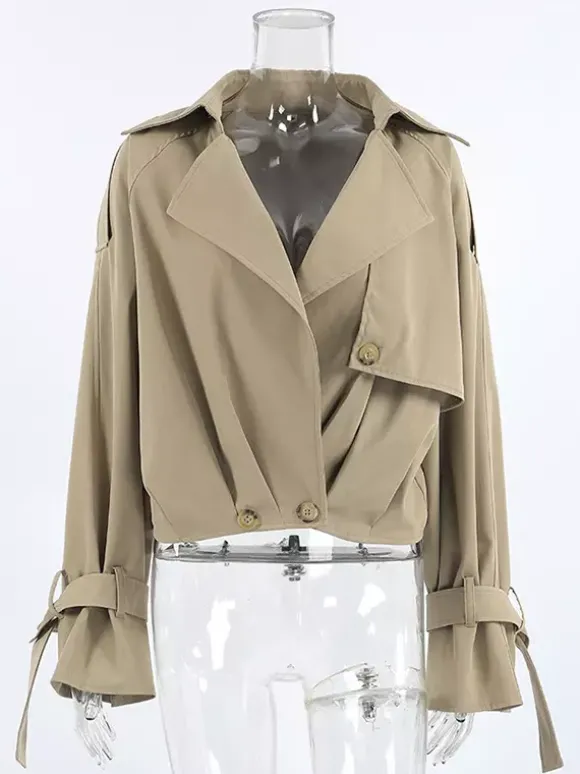 Trench-coat court kaki pour femme - Coupe-vent à manches lanternes et revers - Vêtements d'extérieur décontractés printemps 2026
