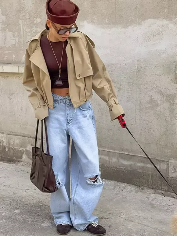 Trench-coat court kaki pour femme - Coupe-vent à manches lanternes et revers - Vêtements d'extérieur décontractés printemps 2026