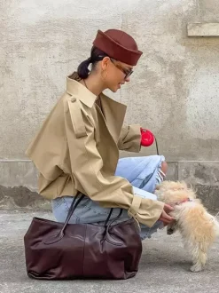 Trench-coat court kaki pour femme - Coupe-vent à manches lanternes et revers - Vêtements d'extérieur décontractés printemps 2026