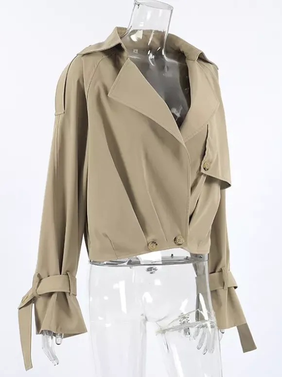 Trench-coat court kaki pour femme - Coupe-vent à manches lanternes et revers - Vêtements d'extérieur décontractés printemps 2026