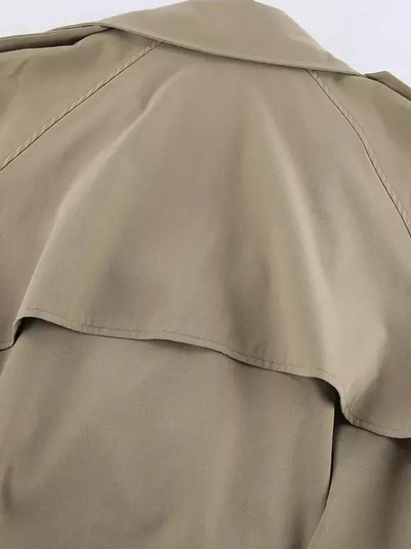 Trench-coat court kaki pour femme - Coupe-vent à manches lanternes et revers - Vêtements d'extérieur décontractés printemps 2026