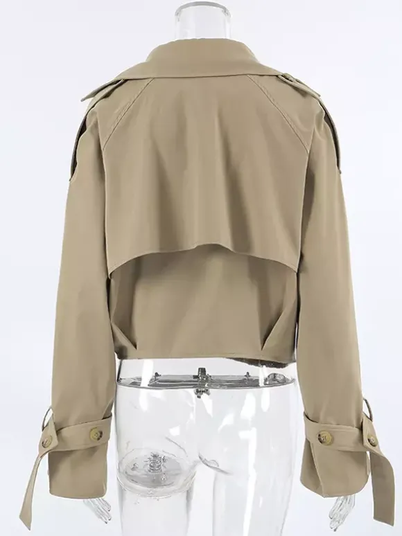 Trench-coat court kaki pour femme - Coupe-vent à manches lanternes et revers - Vêtements d'extérieur décontractés printemps 2026