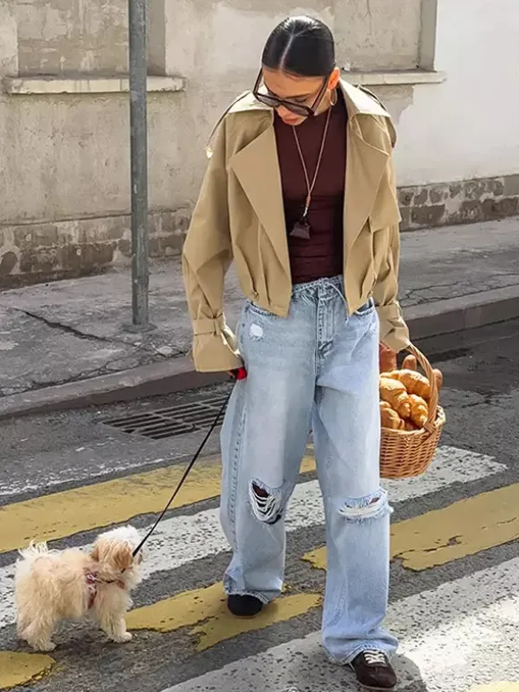 Trench-coat court kaki pour femme - Coupe-vent à manches lanternes et revers - Vêtements d'extérieur décontractés printemps 2026