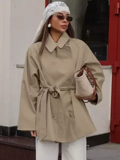 Trench-coat court oversize à revers et ceinture à nouer à la taille pour femme
