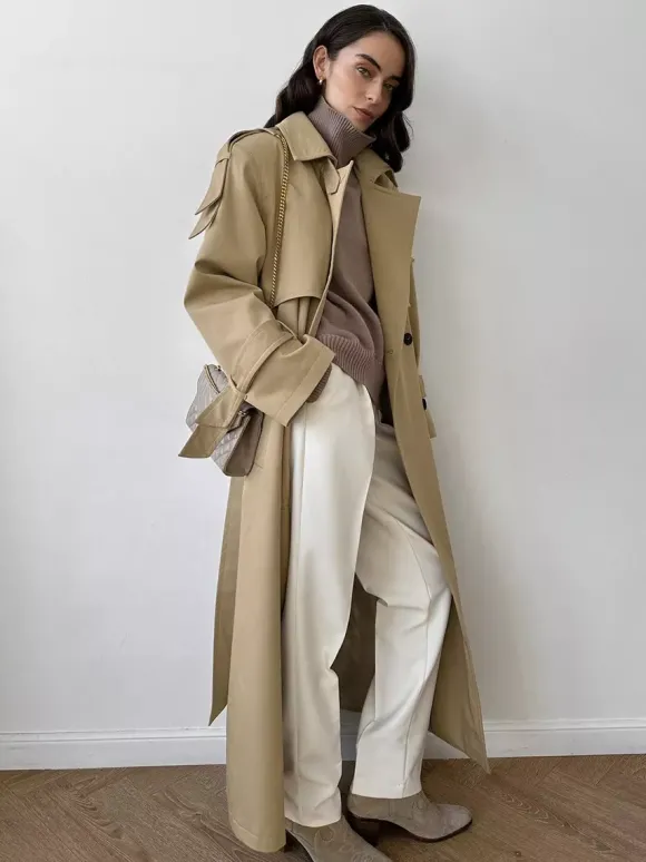 Trench-coat croisé pour femme - Manteau long classique ceinturé - Vêtement d'extérieur chic et printanier pour le bureau et le dîner (collection printemps 2026)