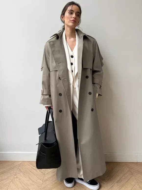 Trench-coat croisé pour femme - Manteau long classique ceinturé - Vêtement d'extérieur chic et printanier pour le bureau et le dîner (collection printemps 2026)