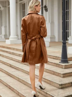 Trench-Coat en cuir PU  col rabattu  manches longues  vêtements d'extérieur d'automne