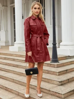 Trench-Coat en cuir PU  col rabattu  manches longues  vêtements d'extérieur d'automne