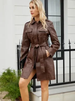 Trench-Coat en cuir PU  col rabattu  manches longues  vêtements d'extérieur d'automne