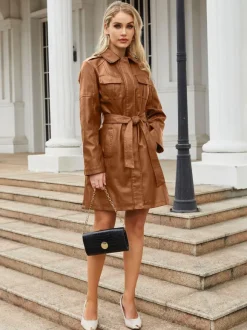 Trench-Coat en cuir PU  col rabattu  manches longues  vêtements d'extérieur d'automne