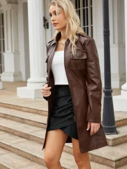 Trench-Coat en cuir PU  col rabattu  manches longues  vêtements d'extérieur d'automne
