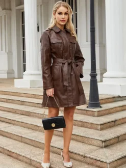 Trench-Coat en cuir PU  col rabattu  manches longues  vêtements d'extérieur d'automne