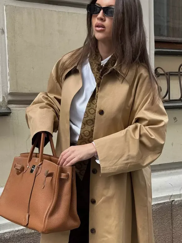 Trench-coat long classique pour femme - Kaki minimaliste coupe décontractée boutonnage simple - Vêtements d'extérieur printemps 2026 parfaits pour le bureau et le dîner