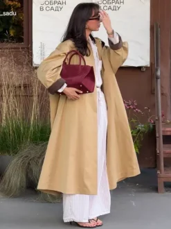 Trench-coat long classique pour femme - Kaki minimaliste coupe décontractée boutonnage simple - Vêtements d'extérieur printemps 2026 parfaits pour le bureau et le dîner
