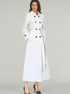 Trench-Coat Pour Femme Ceinture Veste Longue Blanche Col Rabattu Manches Longues Polyester Bouton