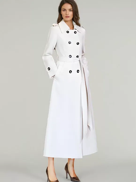 Trench-Coat Pour Femme Ceinture Veste Longue Blanche Col Rabattu Manches Longues Polyester Bouton