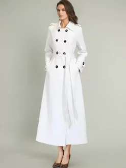 Trench-Coat Pour Femme Ceinture Veste Longue Blanche Col Rabattu Manches Longues Polyester Bouton