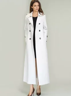Trench-Coat Pour Femme Ceinture Veste Longue Blanche Col Rabattu Manches Longues Polyester Bouton