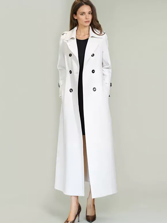 Trench-Coat Pour Femme Ceinture Veste Longue Blanche Col Rabattu Manches Longues Polyester Bouton