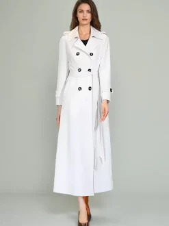 Trench-Coat Pour Femme Ceinture Veste Longue Blanche Col Rabattu Manches Longues Polyester Bouton