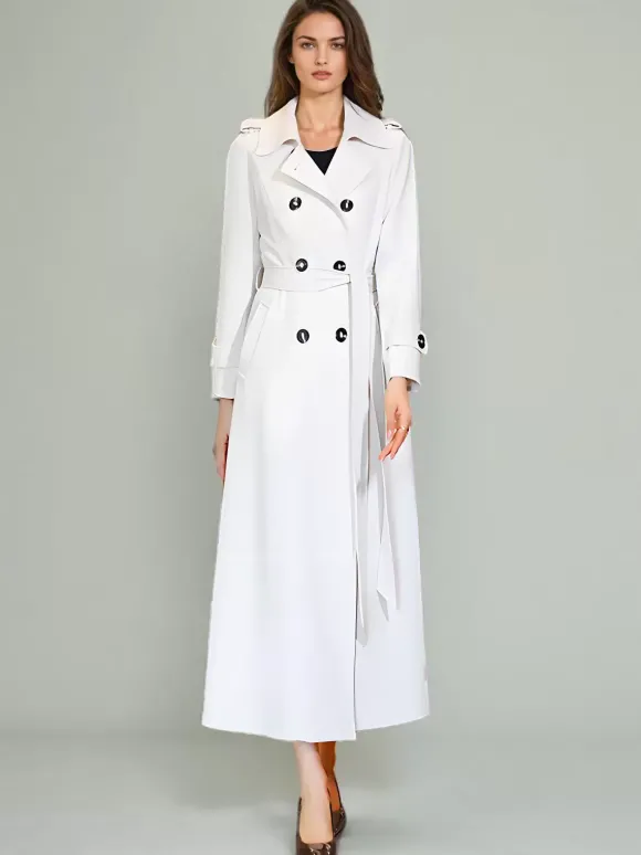 Trench-Coat Pour Femme Ceinture Veste Longue Blanche Col Rabattu Manches Longues Polyester Bouton