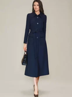 Trench-Coat Veste Longue Tendance En Polyester Pour Femme Col Rabattu Ceinture