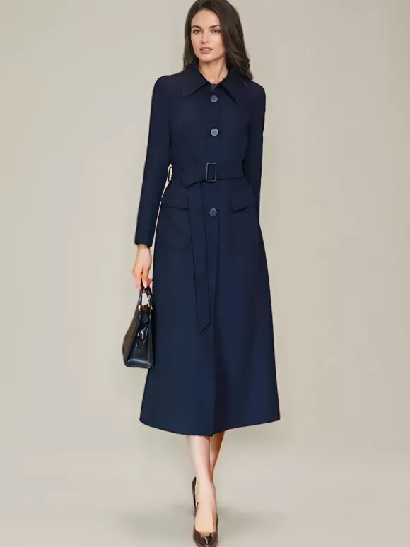 Trench-Coat Veste Longue Tendance En Polyester Pour Femme Col Rabattu Ceinture