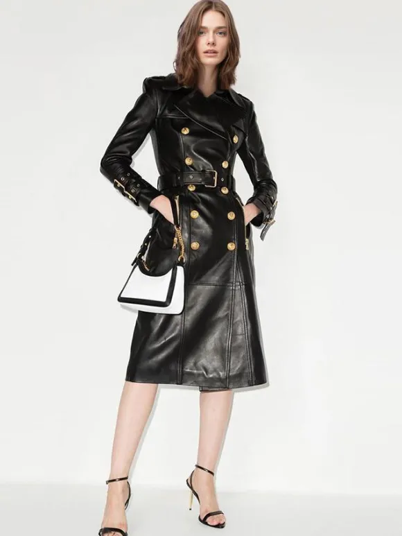 Trench femme pratique cuir PU col rabattu boutons manches longues