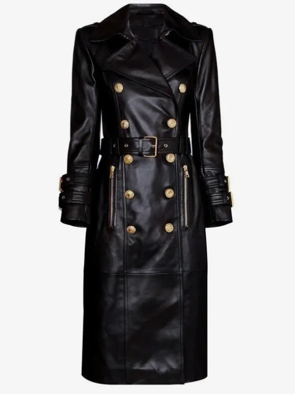 Trench femme pratique cuir PU col rabattu boutons manches longues