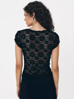 T-shirt à manches courtes noir à bretelles en dentelle et col montant pour femme - T-shirt d'été