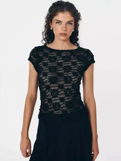 T-shirt à manches courtes noir à bretelles en dentelle et col montant pour femme - T-shirt d'été