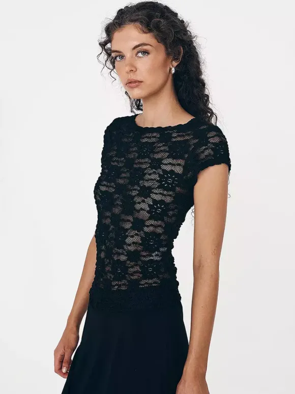 T-shirt à manches courtes noir à bretelles en dentelle et col montant pour femme - T-shirt d'été